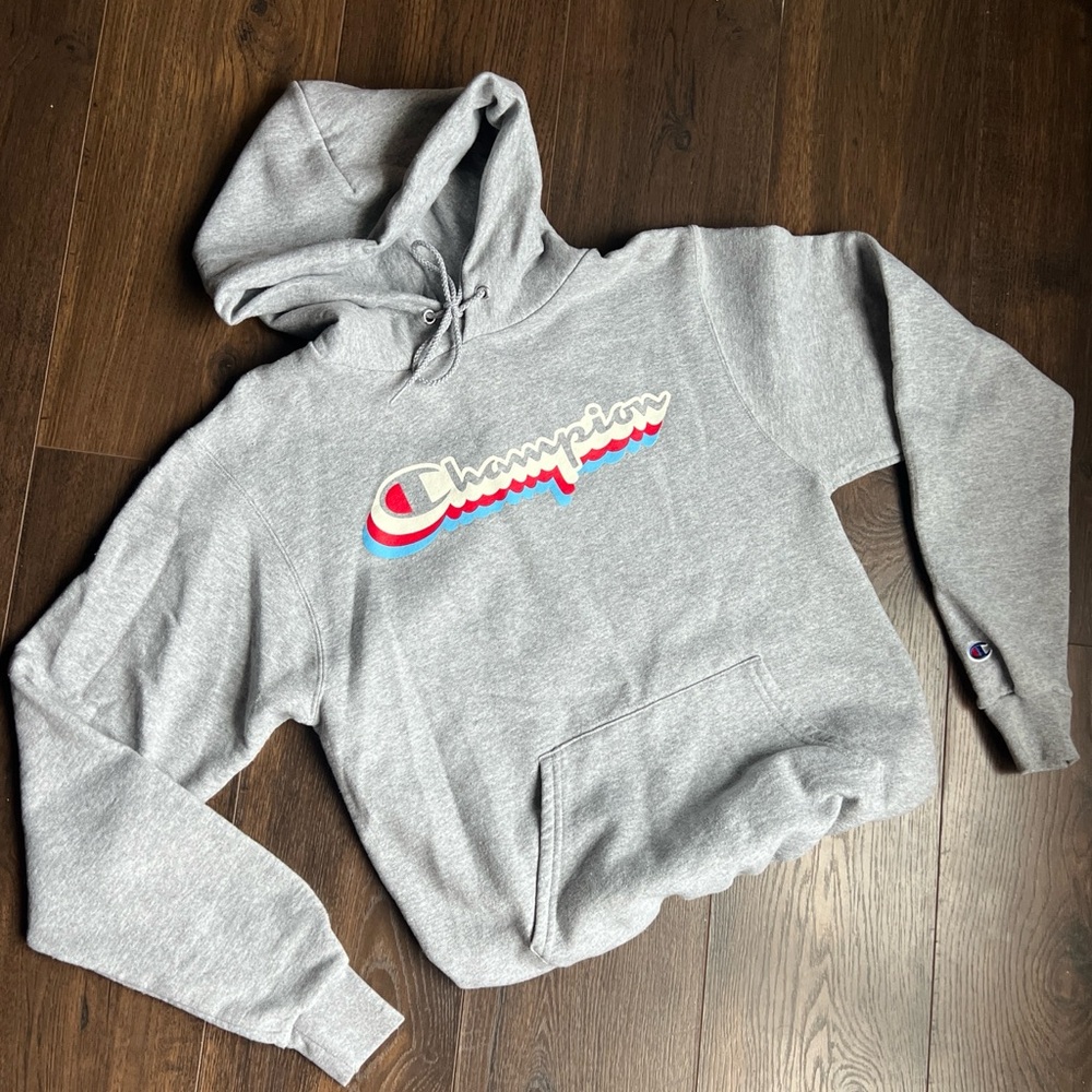 Champion Heather Gray Hoodie with Multicolor Logo Size Small